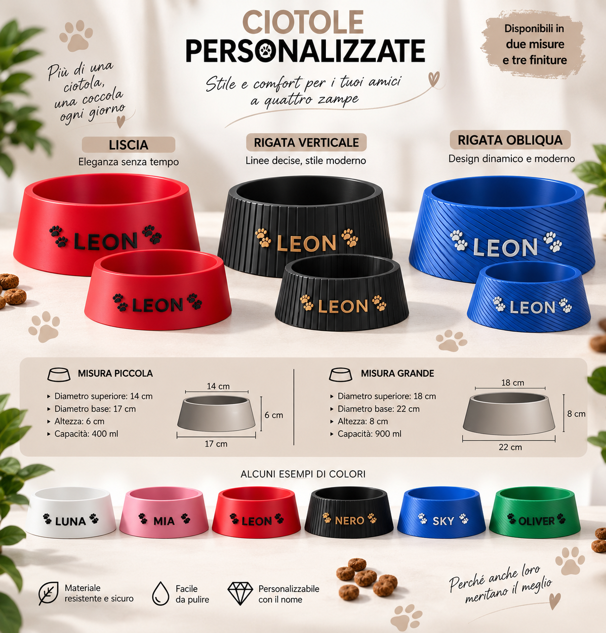 Varianti liscia, rigata verticale e rigata obliqua della ciotola personalizzata LEON in formato piccolo e grande