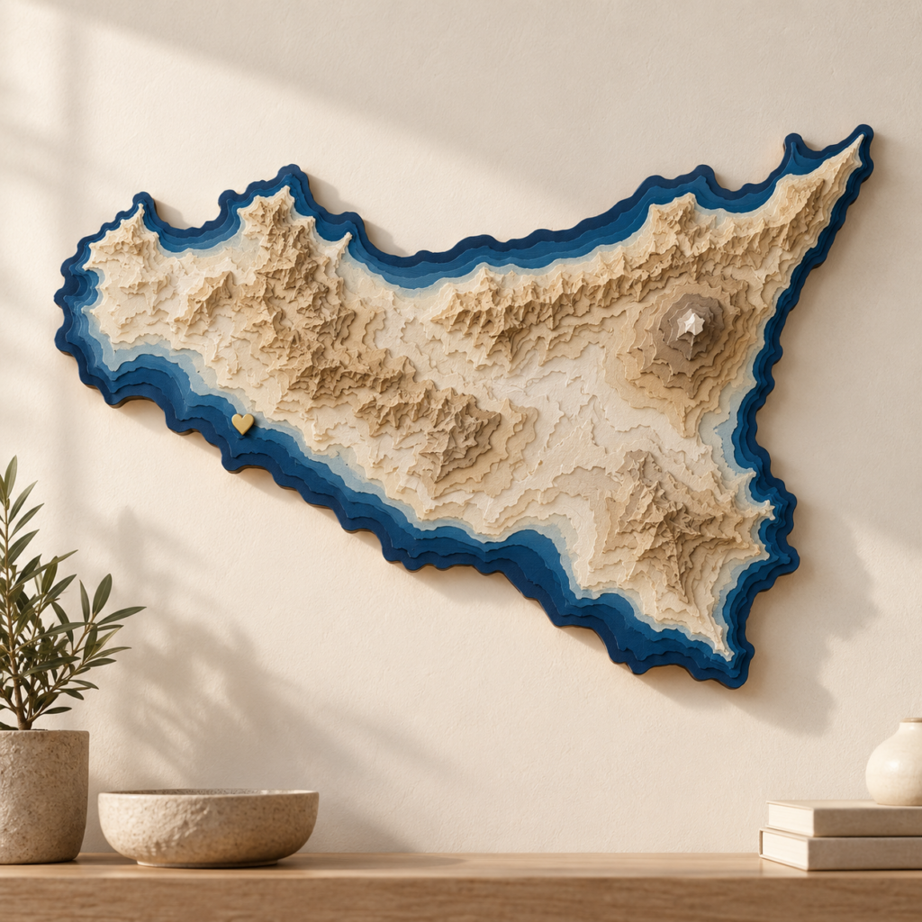 Quadro 3D con mappa della Sicilia in rilievo