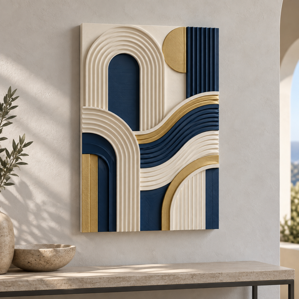 Quadro 3D geometrico personalizzato in blu, avorio e oro