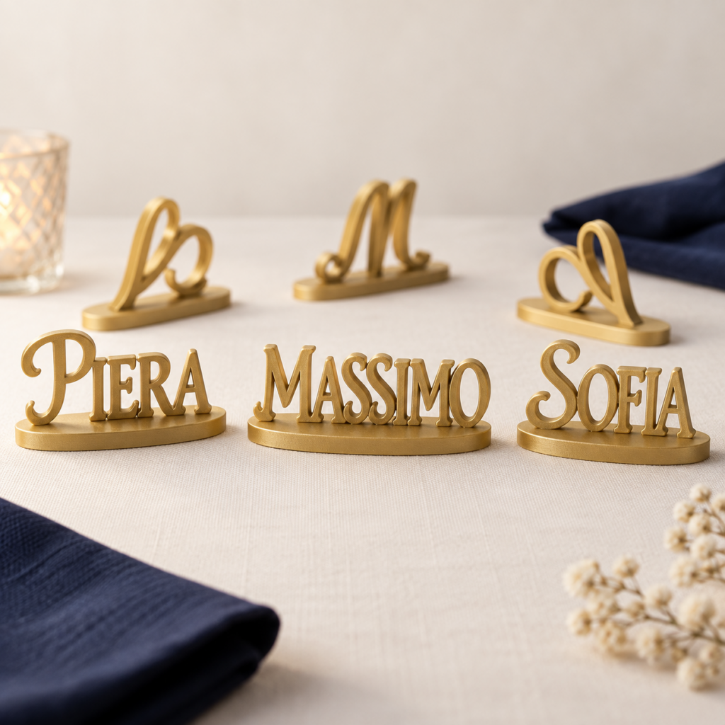 Segnaposto personalizzati 3D con i nomi Piera, Massimo e Sofia